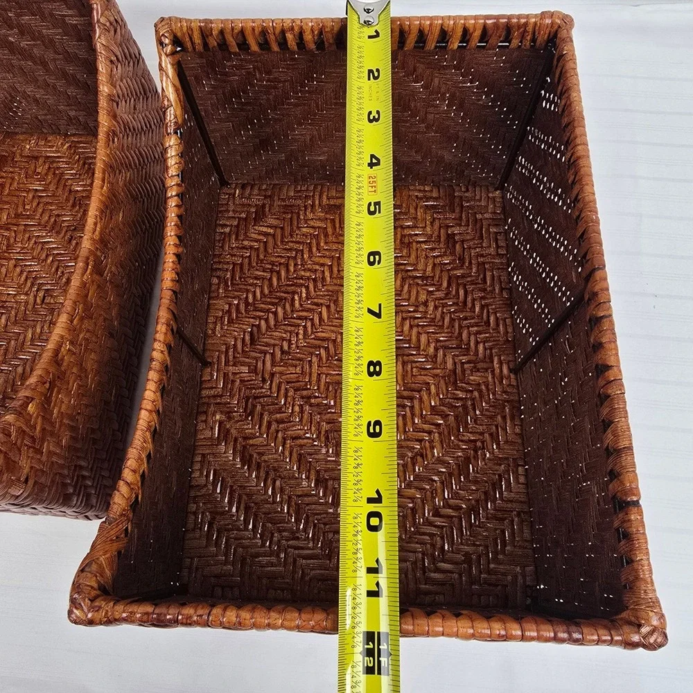 Set of 2 Woven Wicker Storage Baskets Brown Chevron Sloped‎ Farmhouse Organizer